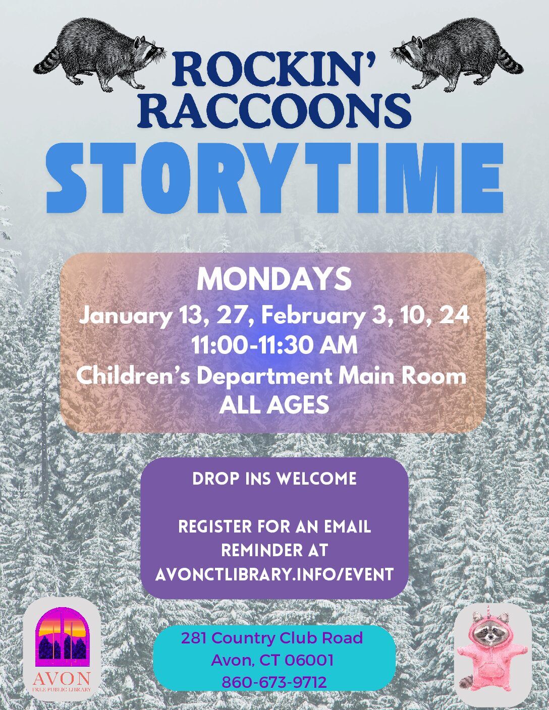 Rockin’ Raccoons Storytime January/February 2025 Avon Free Public Library